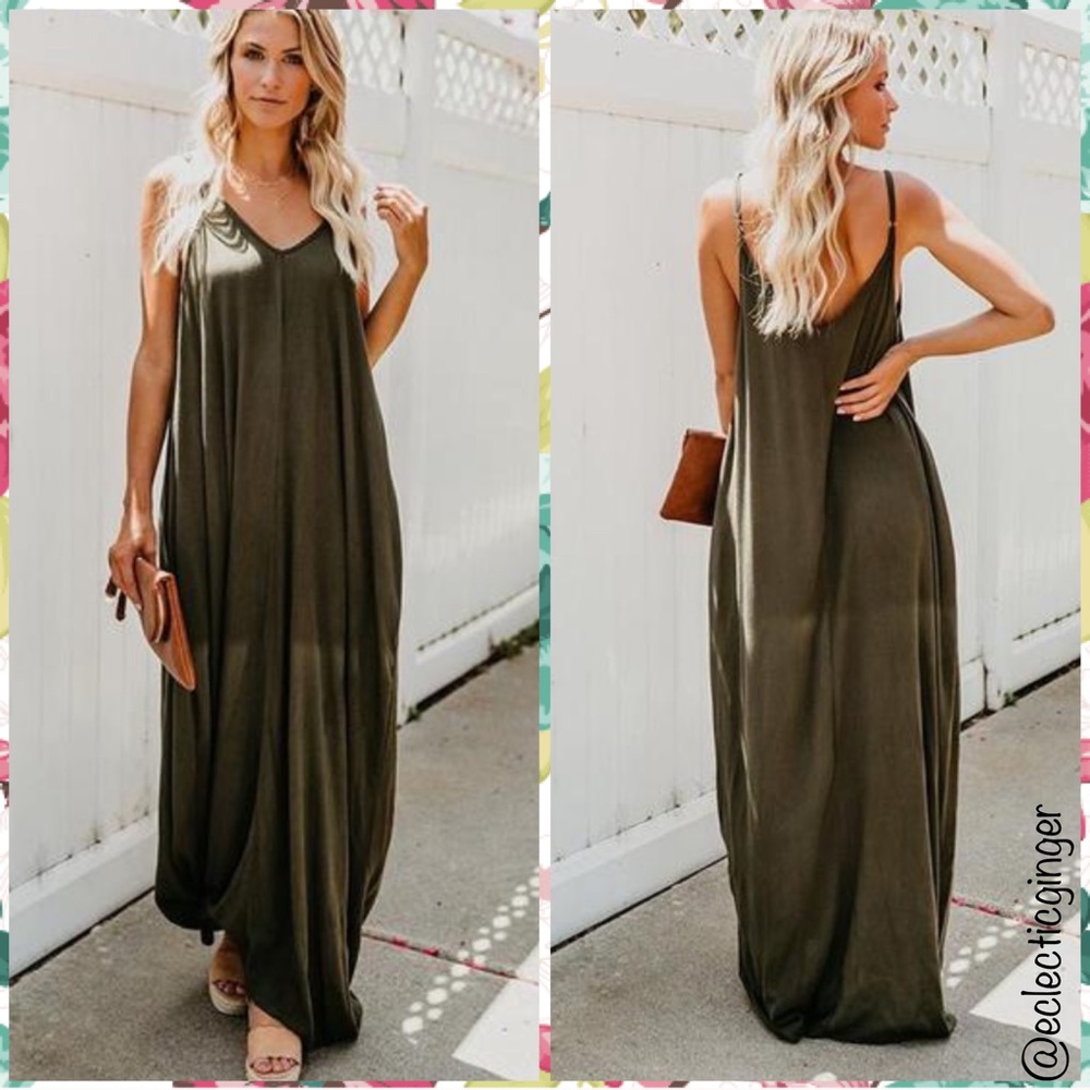 OLIVE green spaghetti strap maxi dress with pockets Extra Large XL - Picture 1 of 8